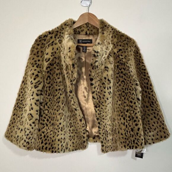 INC International Concepts Leopard Faux Fur Jacket Women Large Lined 3/4 Sleeve - Picture 1 of 5